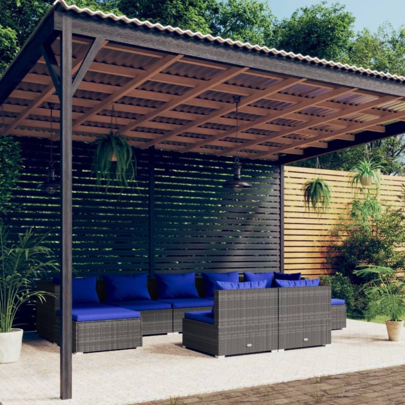 vidaXL Set de muebles de jardín 9 pzas y cojines ratán sintético gris