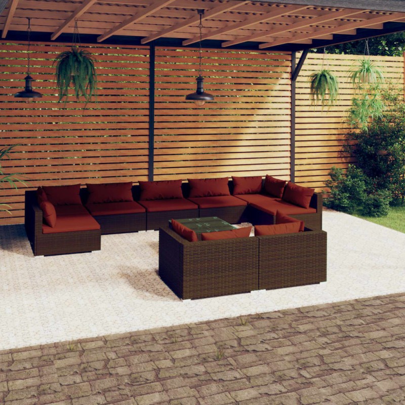 vidaXL Set muebles de jardín 10 pzas y cojines ratán sintético marrón vidaXL Set muebles de jardín 10 pzas y cojines ratán sintético marrón