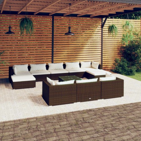 vidaXL Set muebles de jardín 11 pzas y cojines ratán sintético marrón