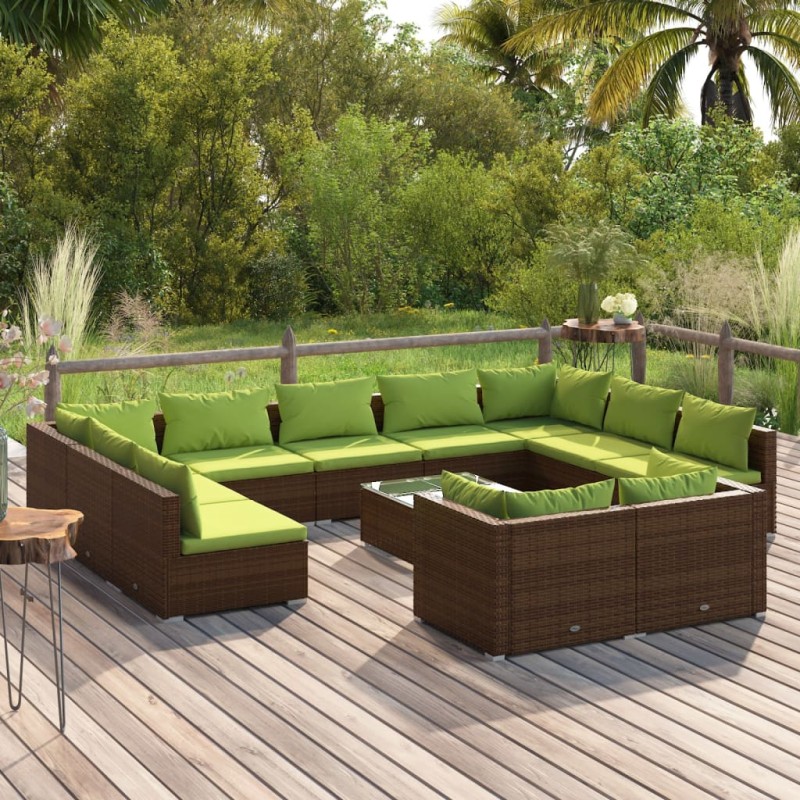 vidaXL Set muebles de jardín y cojines 12 pzas ratán sintético marrón