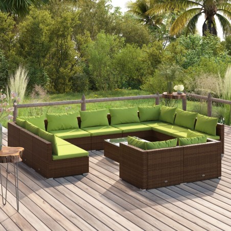 vidaXL Set muebles de jardín y cojines 12 pzas ratán sintético marrón