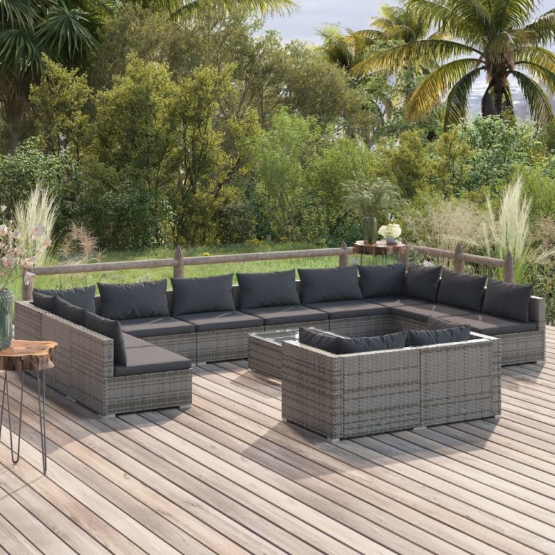 vidaXL Set de muebles de jardín 13 pzas y cojines ratán sintético gris vidaXL Set de muebles de jardín 13 pzas y cojines ratán sintético gris
