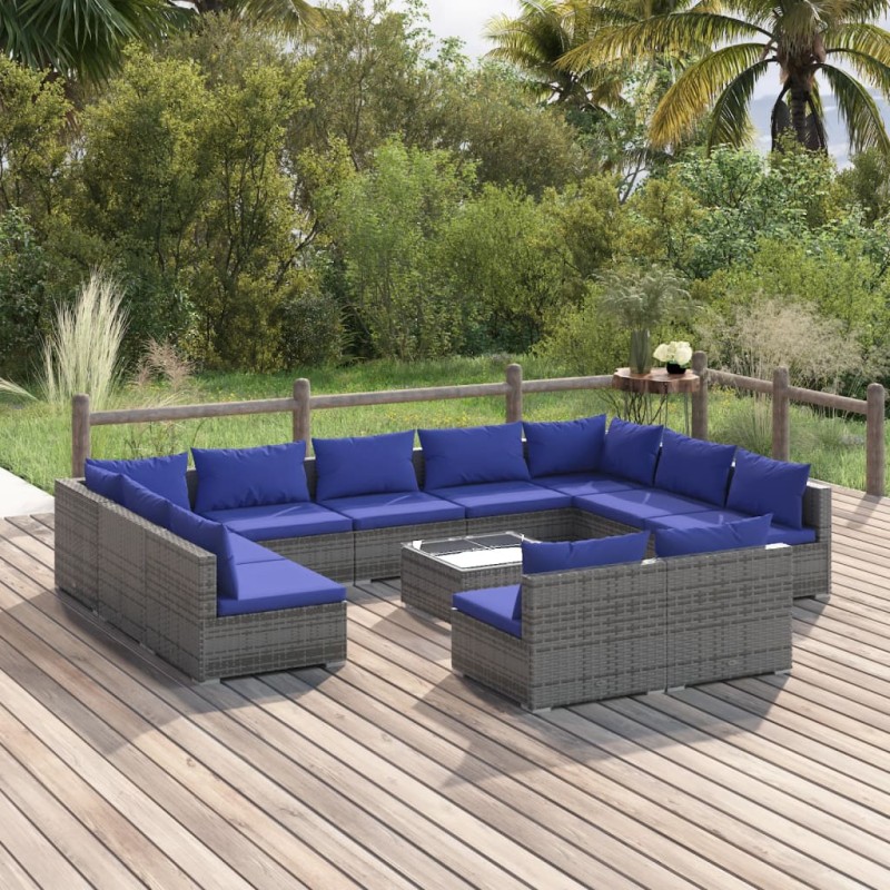 vidaXL Set de muebles de jardín 12 pzas y cojines ratán sintético gris vidaXL Set de muebles de jardín 12 pzas y cojines ratán sintético gris