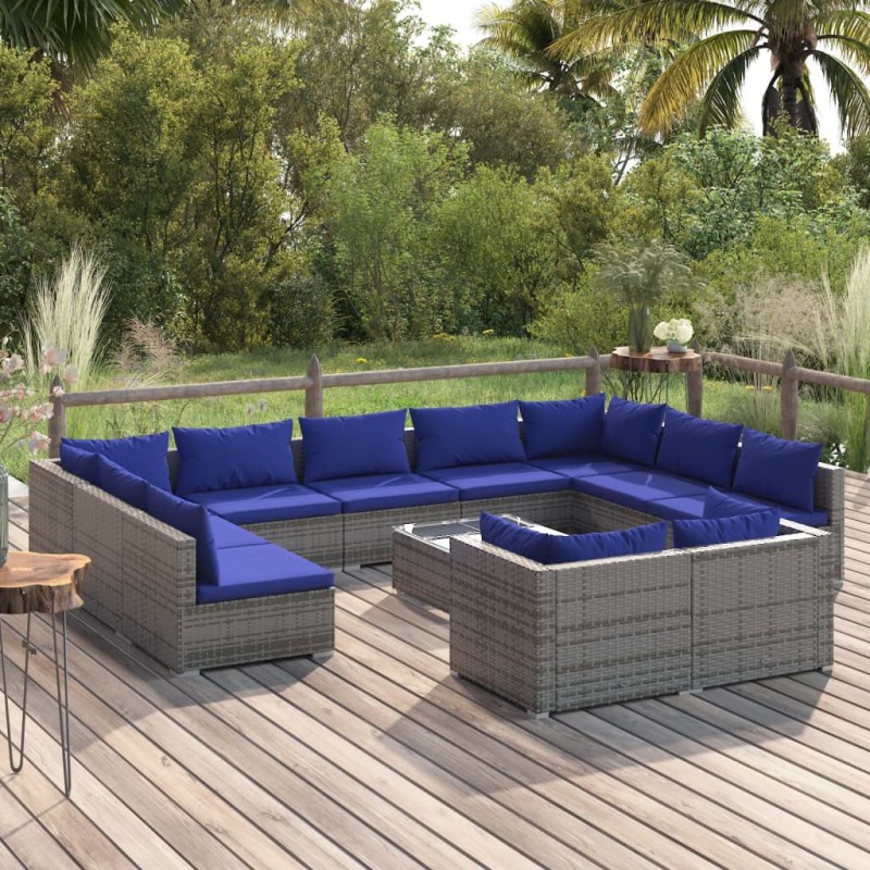 vidaXL Set de muebles de jardín 12 pzas cojines ratán sintético gris
