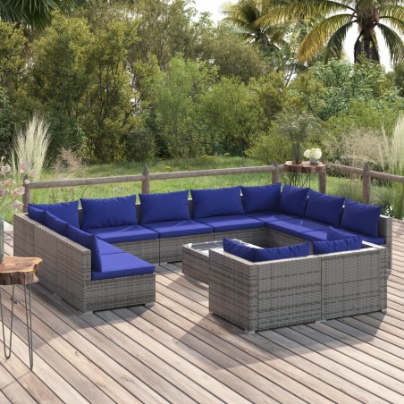 vidaXL Set de muebles de jardín 12 pzas cojines ratán sintético gris
