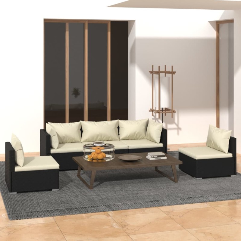 vidaXL Set de muebles de jardín 5 pzas y cojines ratán sintético negro vidaXL Set de muebles de jardín 5 pzas y cojines ratán sintético negro