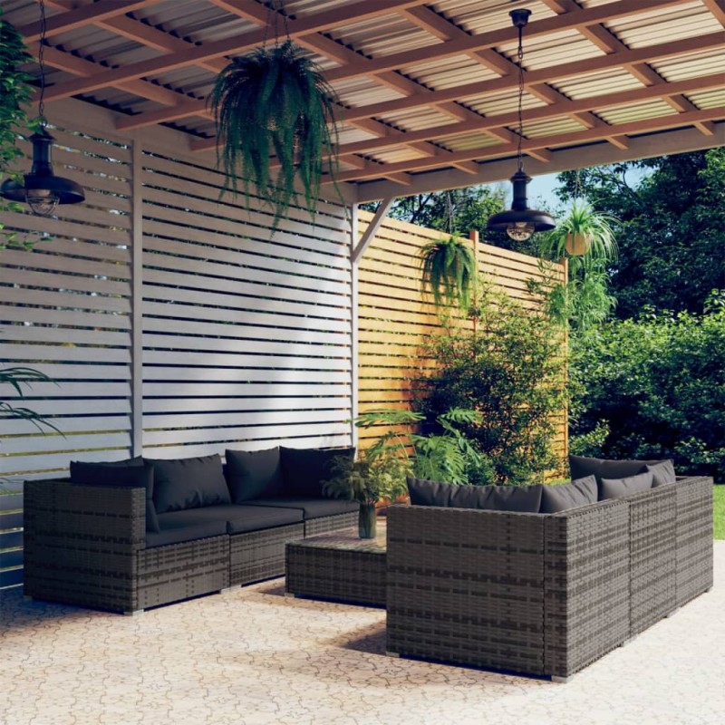 vidaXL Set de sofás de jardín 7 piezas y cojines ratán sintético gris vidaXL Set de sofás de jardín 7 piezas y cojines ratán sintético gris