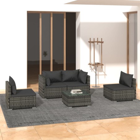 vidaXL Set de muebles de jardín 5 pzas y cojines ratán sintético gris