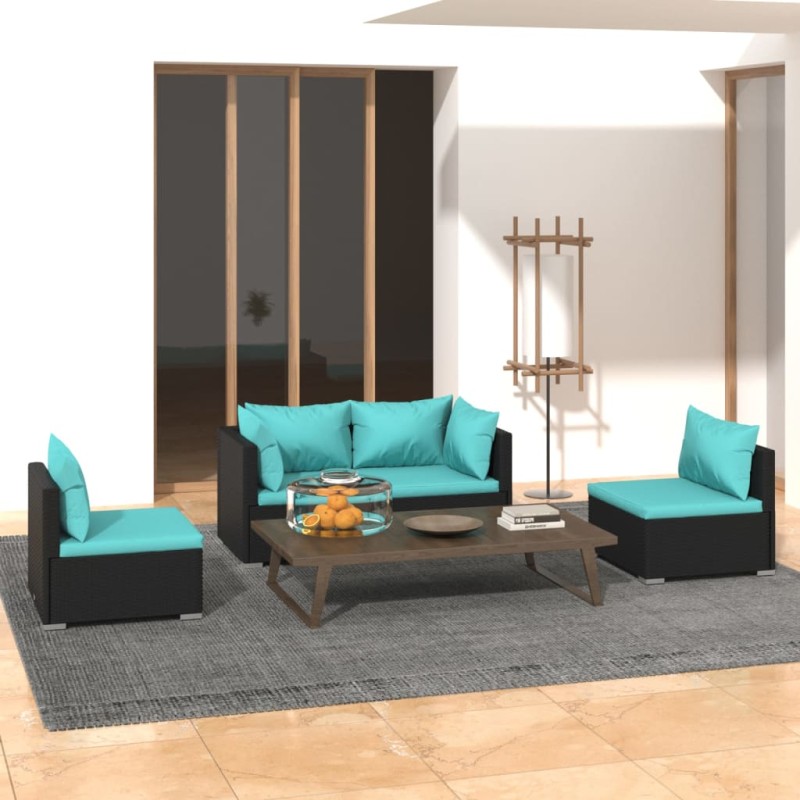 vidaXL Set de muebles de jardín 4 pzas y cojines ratán sintético negro vidaXL Set de muebles de jardín 4 pzas y cojines ratán sintético negro