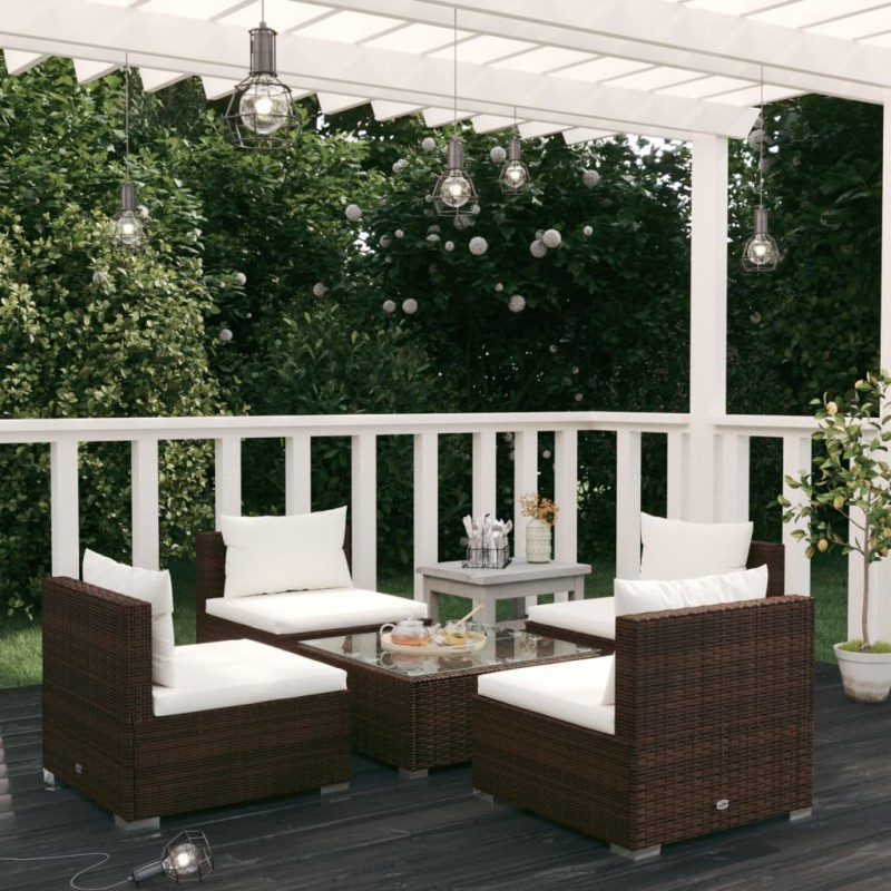 vidaXL Set sofás de jardín 5 piezas y cojines ratán sintético marrón vidaXL Set sofás de jardín 5 piezas y cojines ratán sintético marrón