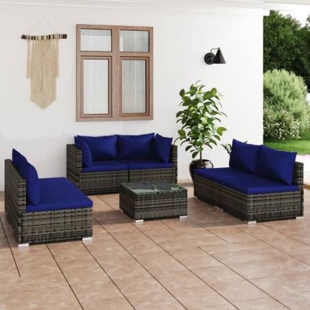 vidaXL Set de sofás de jardín 7 piezas y cojines ratán sintético gris