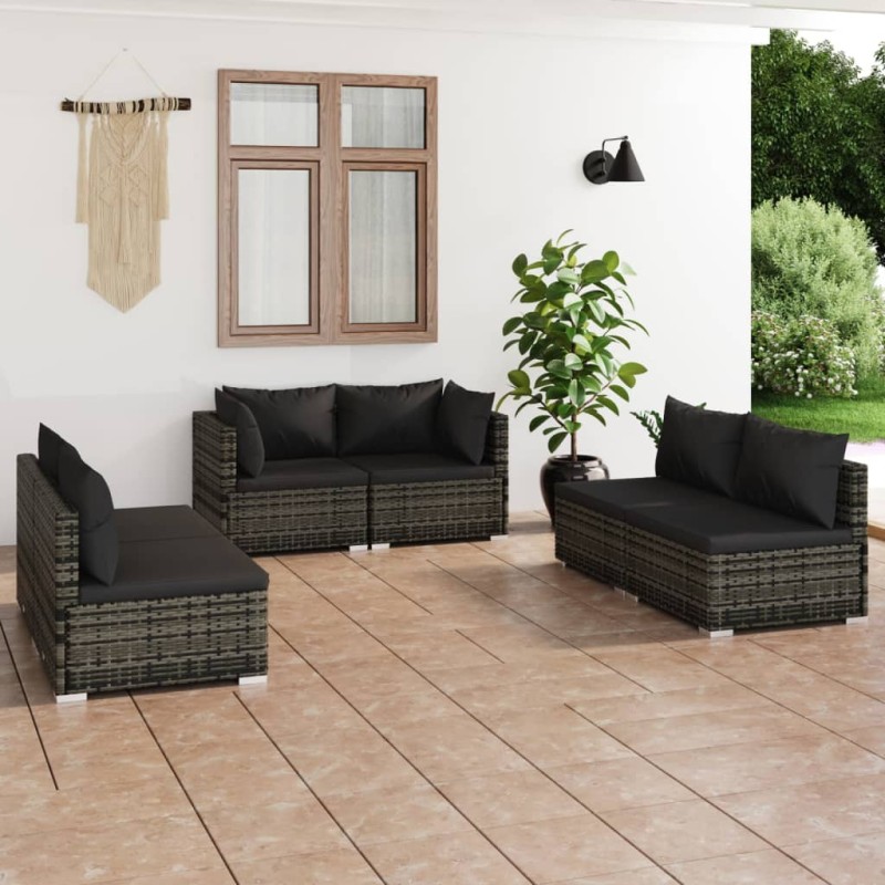 vidaXL Set de muebles de jardín 6 pzas y cojines ratán sintético gris vidaXL Set de muebles de jardín 6 pzas y cojines ratán sintético gris