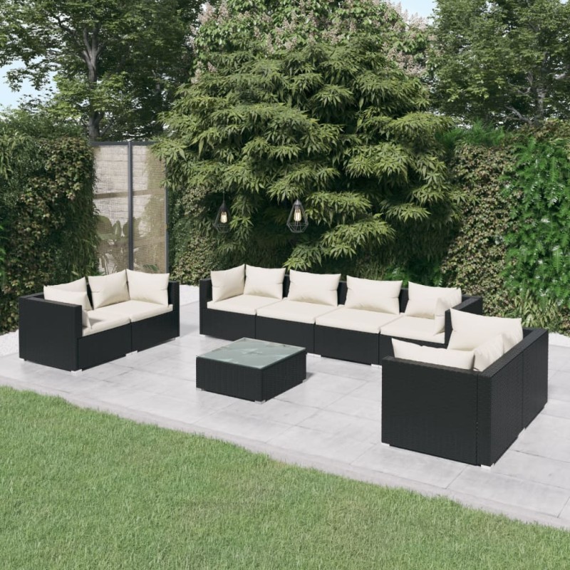 vidaXL Set de muebles de jardín 9 pzas y cojines ratán sintético negro vidaXL Set de muebles de jardín 9 pzas y cojines ratán sintético negro