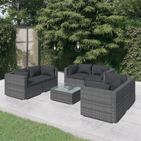 vidaXL Set de muebles de jardín 7 pzas y cojines ratán sintético gris