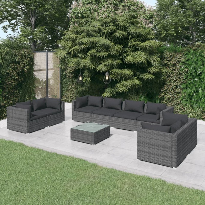 vidaXL Set de muebles de jardín 9 pzas y cojines ratán sintético gris