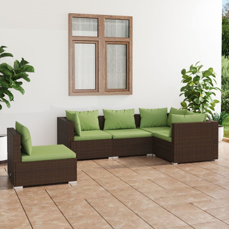 vidaXL Set sofás de jardín 5 piezas y cojines ratán sintético marrón vidaXL Set sofás de jardín 5 piezas y cojines ratán sintético marrón