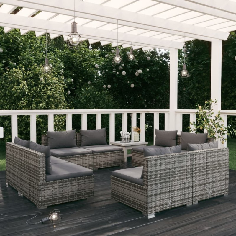vidaXL Set de sofás de jardín 8 piezas y cojines ratán sintético gris
