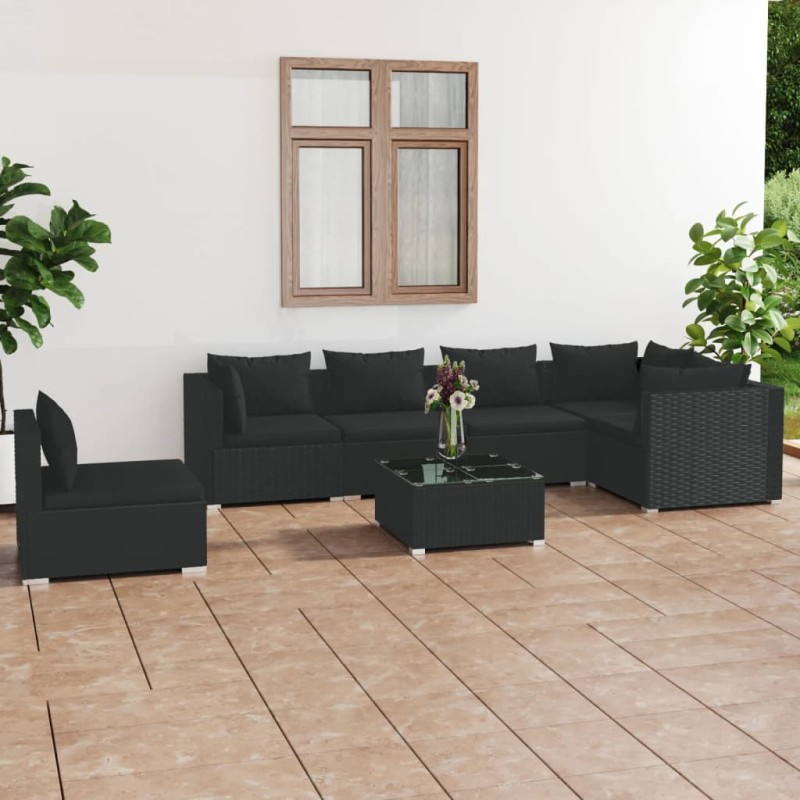 vidaXL Set de muebles de jardín 7 pzas y cojines ratán sintético negro vidaXL Set de muebles de jardín 7 pzas y cojines ratán sintético negro