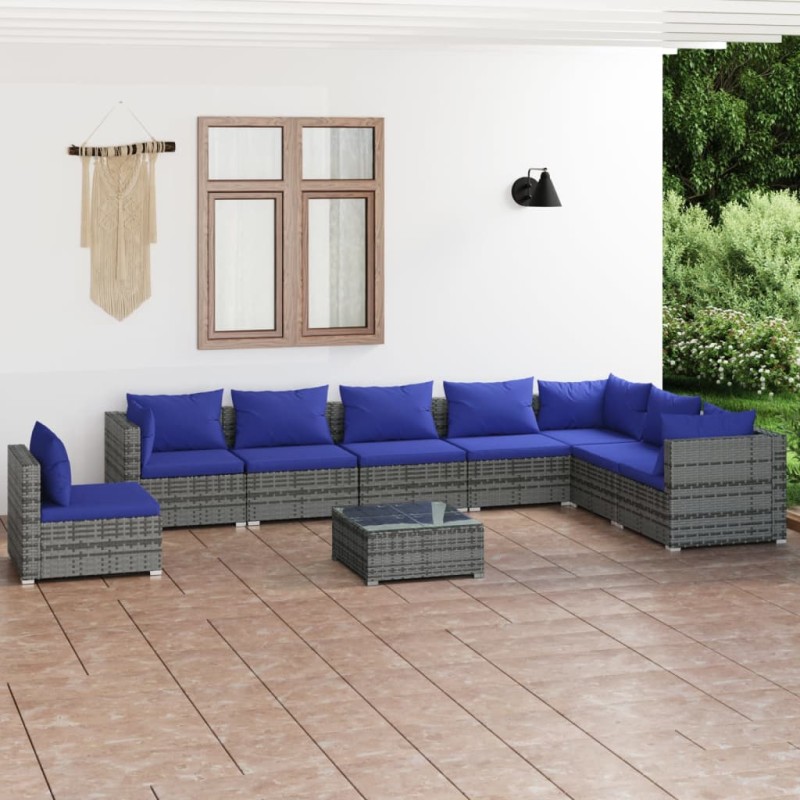 vidaXL Set de muebles de jardín 9 pzas y cojines ratán sintético gris vidaXL Set de muebles de jardín 9 pzas y cojines ratán sintético gris