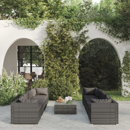 vidaXL Set de muebles de jardín 9 pzas y cojines ratán sintético gris