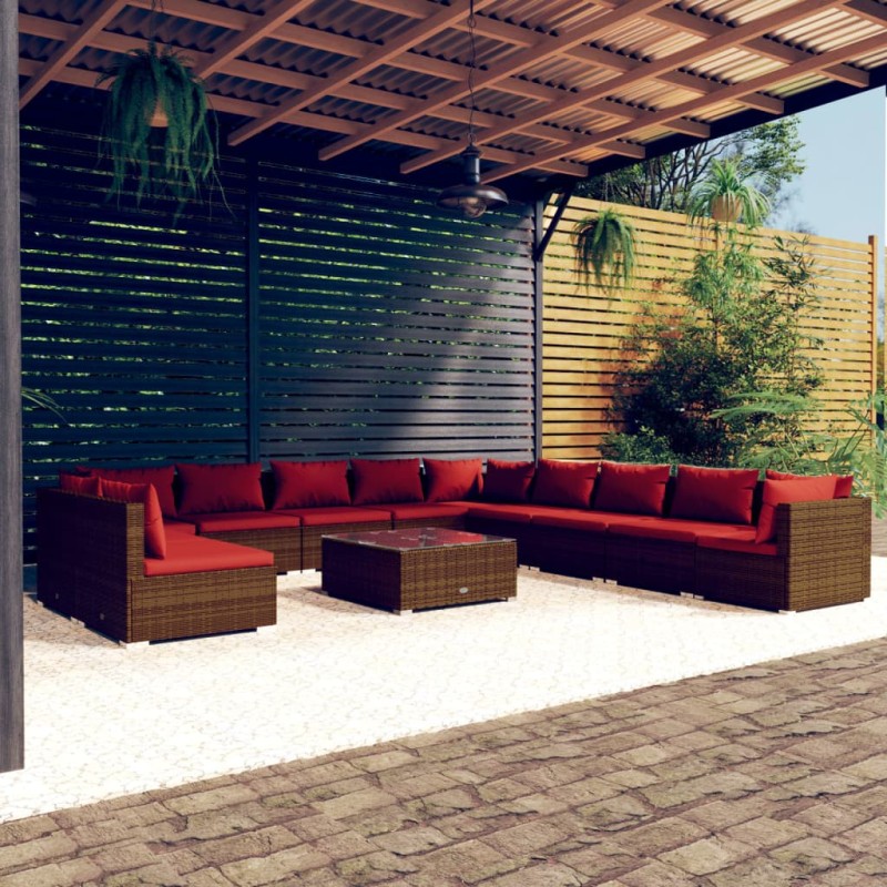 vidaXL Set muebles de jardín y cojines 12 pzas ratán sintético marrón vidaXL Set muebles de jardín y cojines 12 pzas ratán sintético marrón