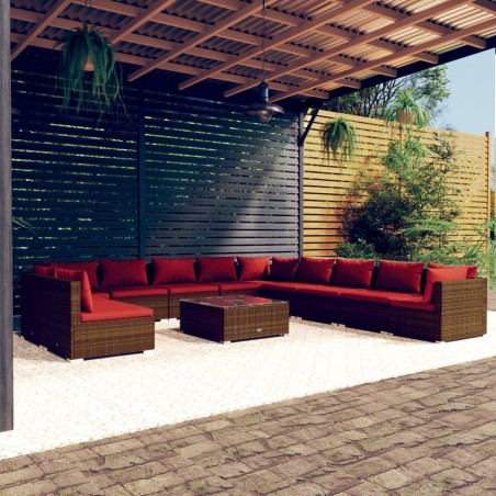 vidaXL Set muebles de jardín y cojines 12 pzas ratán sintético marrón