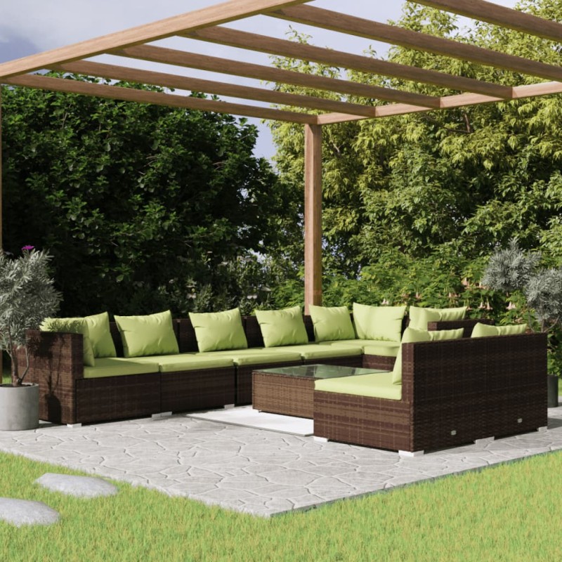vidaXL Set muebles de jardín 9 piezas y cojines ratán sintético marrón vidaXL Set muebles de jardín 9 piezas y cojines ratán sintético marrón