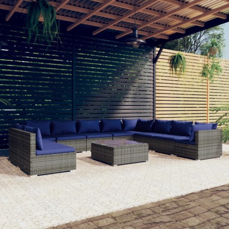 vidaXL Set de muebles de jardín 11 pzas y cojines ratán sintético gris
