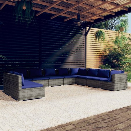 vidaXL Set de muebles de jardín 10 pzas y cojines ratán sintético gris