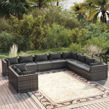 vidaXL Set de muebles de jardín 10 pzas y cojines ratán sintético gris