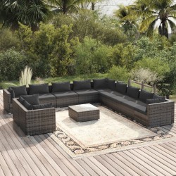 vidaXL Set de muebles de jardín 12 pzas cojines ratán sintético gris
