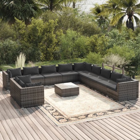 vidaXL Set de muebles de jardín 12 pzas cojines ratán sintético gris