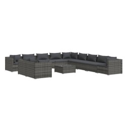 vidaXL Set de muebles de jardín 12 pzas cojines ratán sintético gris