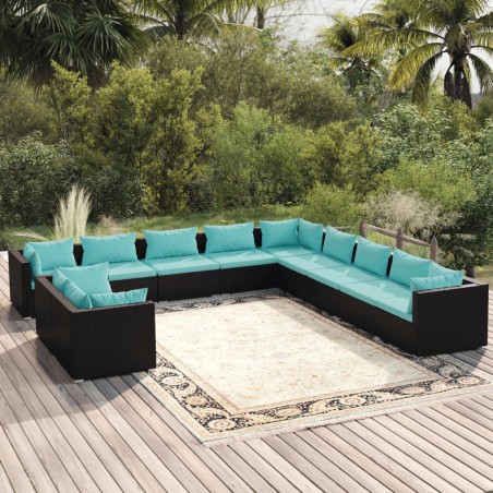 vidaXL Set muebles de jardín 11 pzas y cojines ratán sintético negro