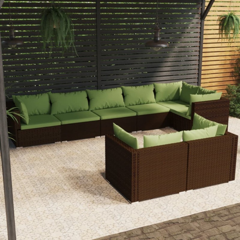 vidaXL Set sofás de jardín 8 piezas y cojines ratán sintético marrón vidaXL Set sofás de jardín 8 piezas y cojines ratán sintético marrón