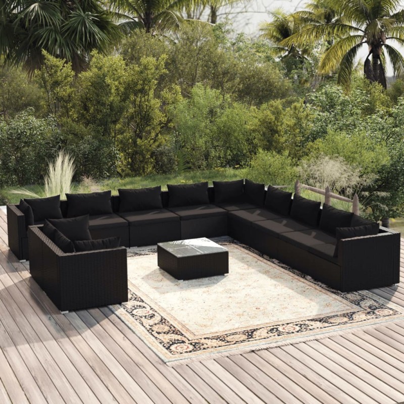 vidaXL Set de sofás de jardín 12 pzas cojines ratán sintético negro
