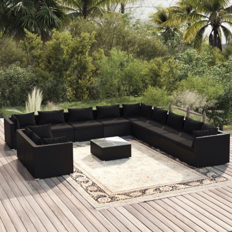 vidaXL Set de sofás de jardín 12 pzas cojines ratán sintético negro