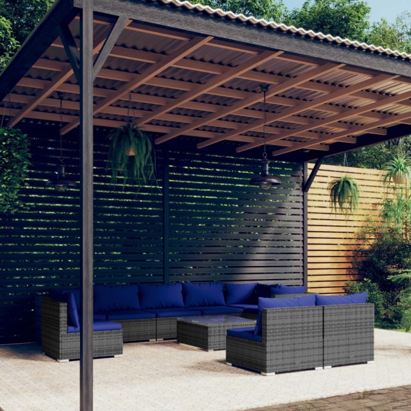 vidaXL Set de muebles de jardín 10 pzas y cojines ratán sintético gris vidaXL Set de muebles de jardín 10 pzas y cojines ratán sintético gris