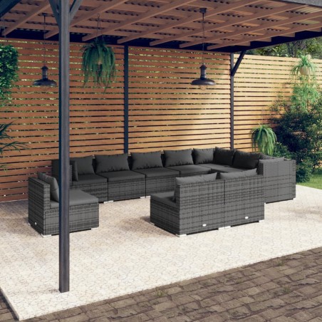 vidaXL Set de muebles de jardín 10 pzas y cojines ratán sintético gris