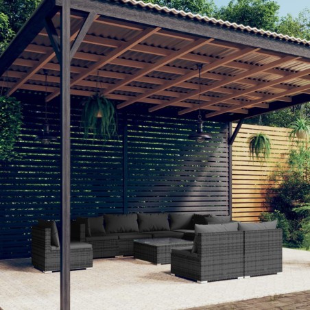 vidaXL Set de muebles de jardín 9 pzas y cojines ratán sintético gris