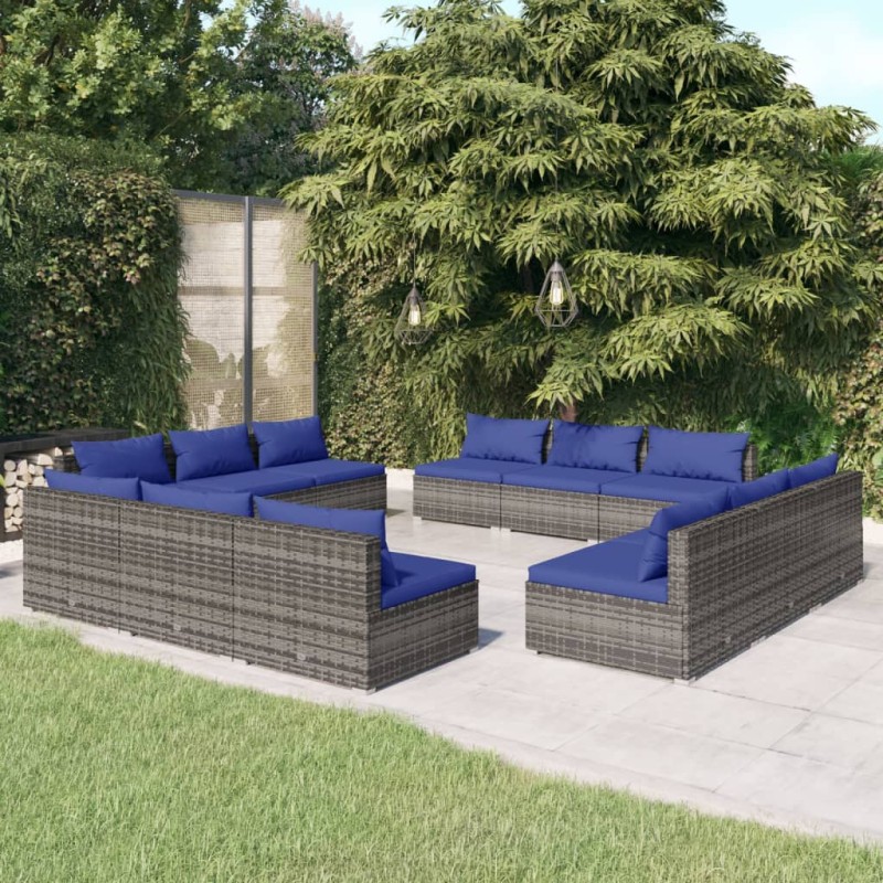 vidaXL Set de muebles de jardín 12 pzas cojines ratán sintético gris