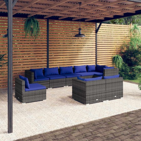 vidaXL Set de muebles de jardín 9 pzas y cojines ratán sintético gris