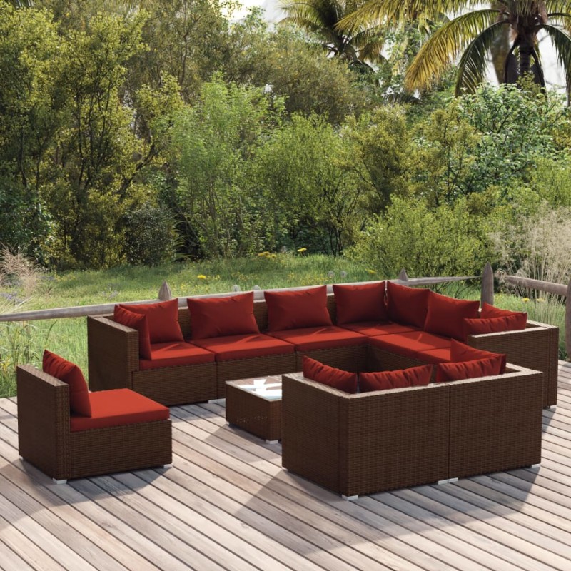 vidaXL Set muebles de jardín 10 pzas y cojines ratán sintético marrón vidaXL Set muebles de jardín 10 pzas y cojines ratán sintético marrón