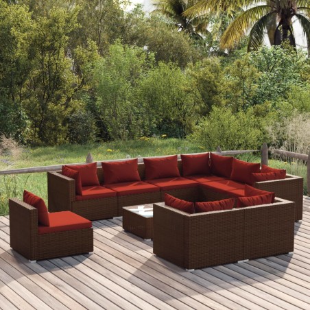 vidaXL Set muebles de jardín 10 pzas y cojines ratán sintético marrón