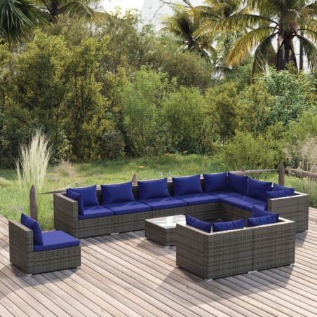 vidaXL Set de muebles de jardín 11 pzas y cojines ratán sintético gris