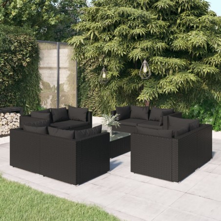 vidaXL Set de muebles de jardín 9 pzas y cojines ratán sintético negro
