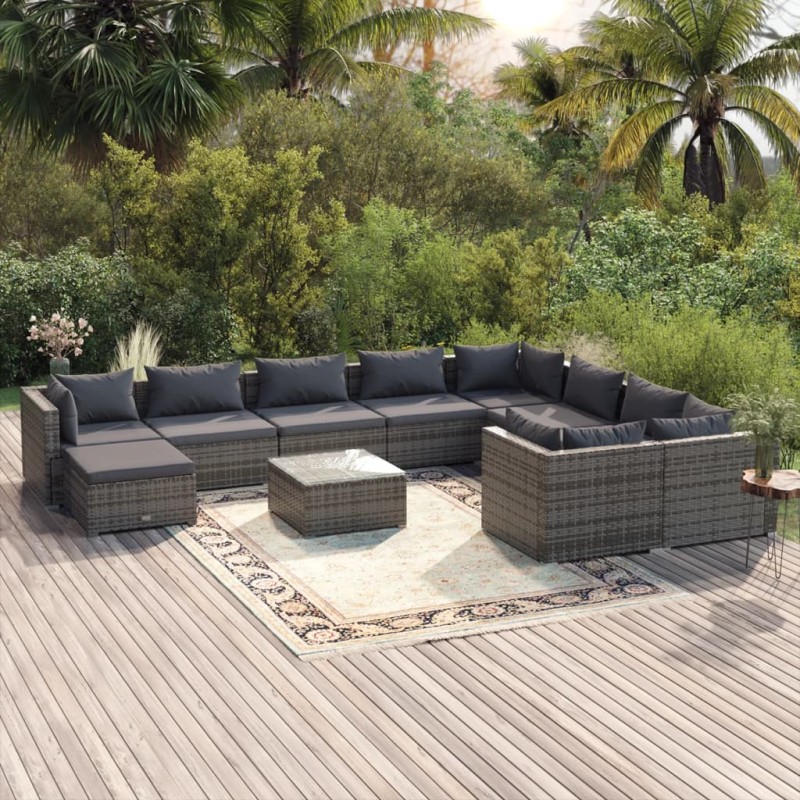 vidaXL Set de muebles de jardín 11 pzas y cojines ratán sintético gris vidaXL Set de muebles de jardín 11 pzas y cojines ratán sintético gris