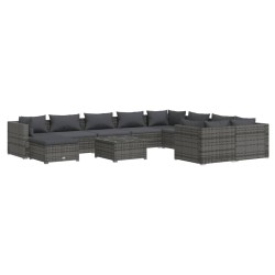 vidaXL Set de muebles de jardín 11 pzas y cojines ratán sintético gris