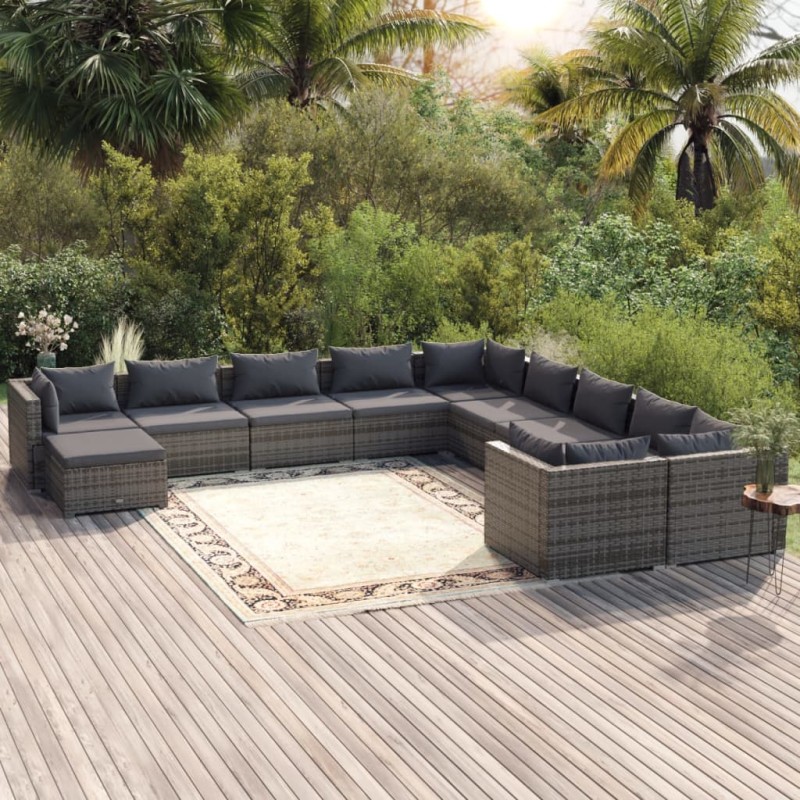 vidaXL Set de muebles de jardín 11 pzas y cojines ratán sintético gris vidaXL Set de muebles de jardín 11 pzas y cojines ratán sintético gris