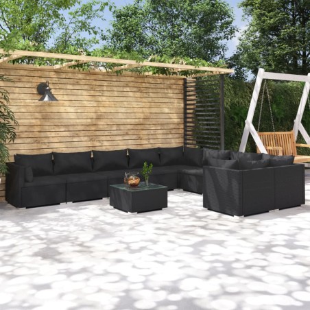 vidaXL Set de muebles de jardín 10 pzas cojines ratán sintético negro